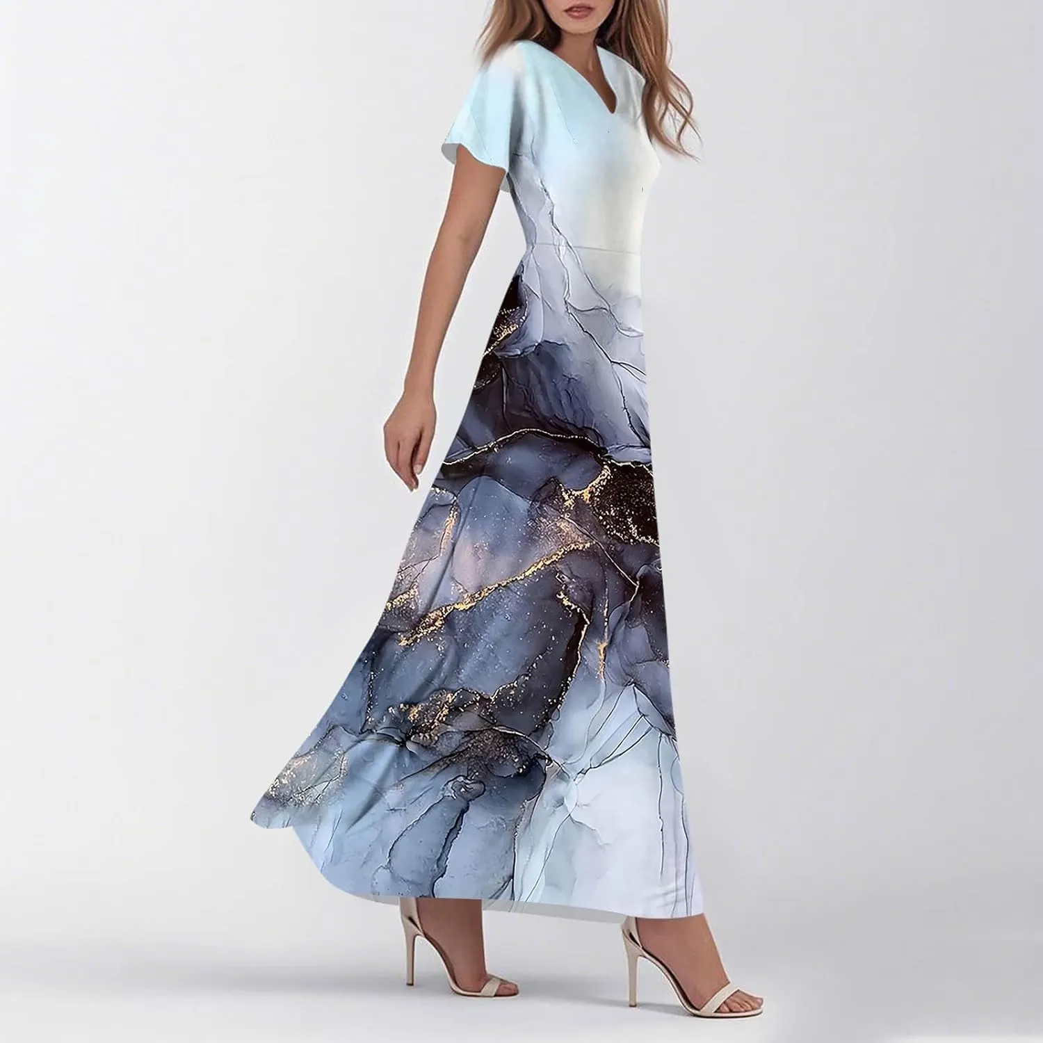 Women's Long Maxi Dresses Short Sleeve V-Neck Boho Floral Printed Swing Dress Cocktail Party Dresses