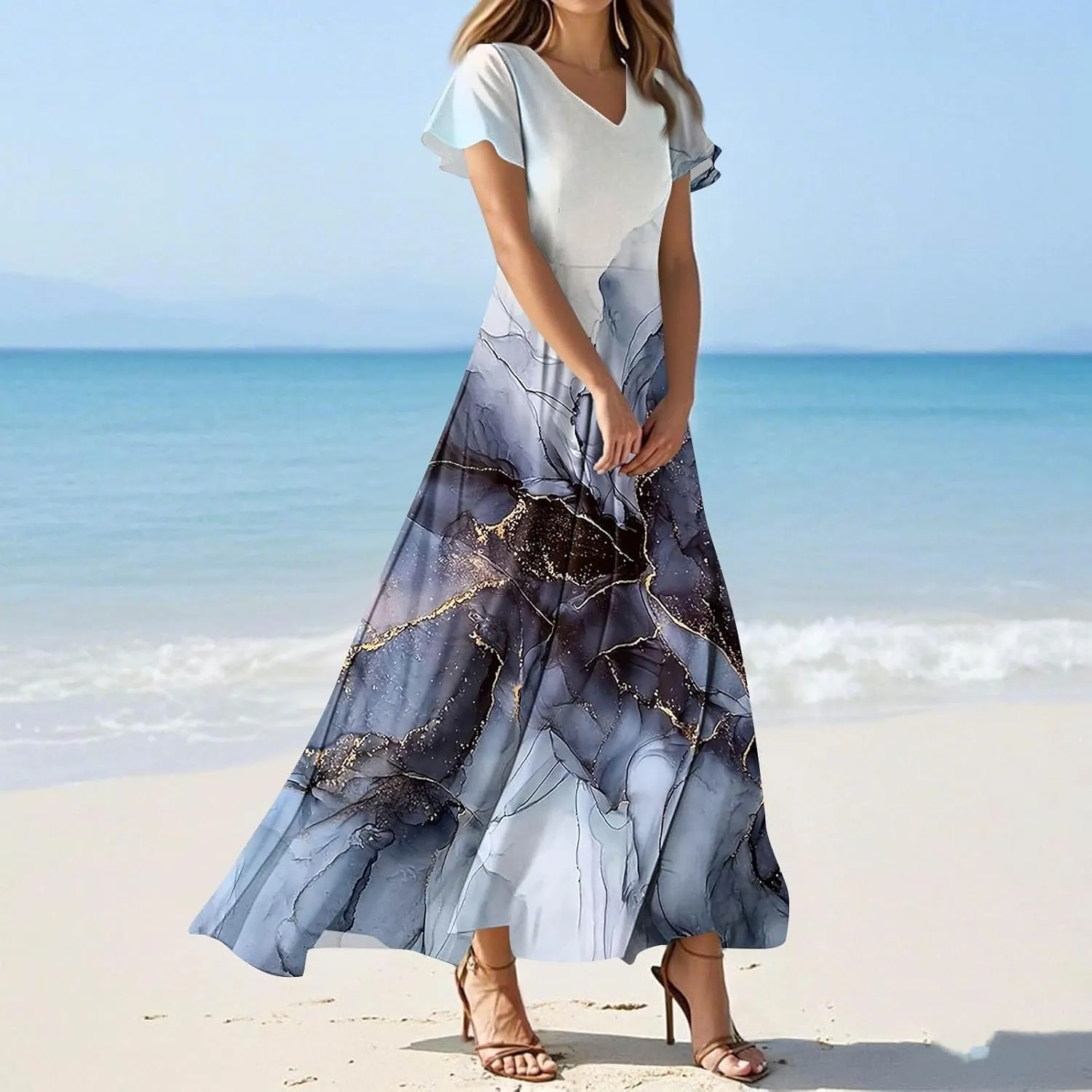 Women's Long Maxi Dresses Short Sleeve V-Neck Boho Floral Printed Swing Dress Cocktail Party Dresses