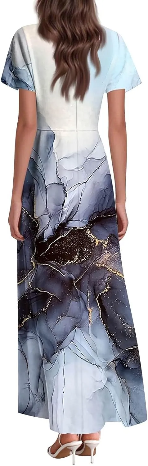 Women's Long Maxi Dresses Short Sleeve V-Neck Boho Floral Printed Swing Dress Cocktail Party Dresses