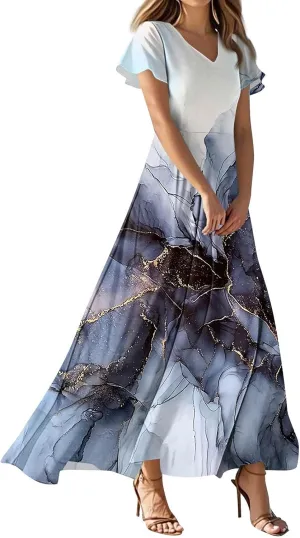 Women's Long Maxi Dresses Short Sleeve V-Neck Boho Floral Printed Swing Dress Cocktail Party Dresses