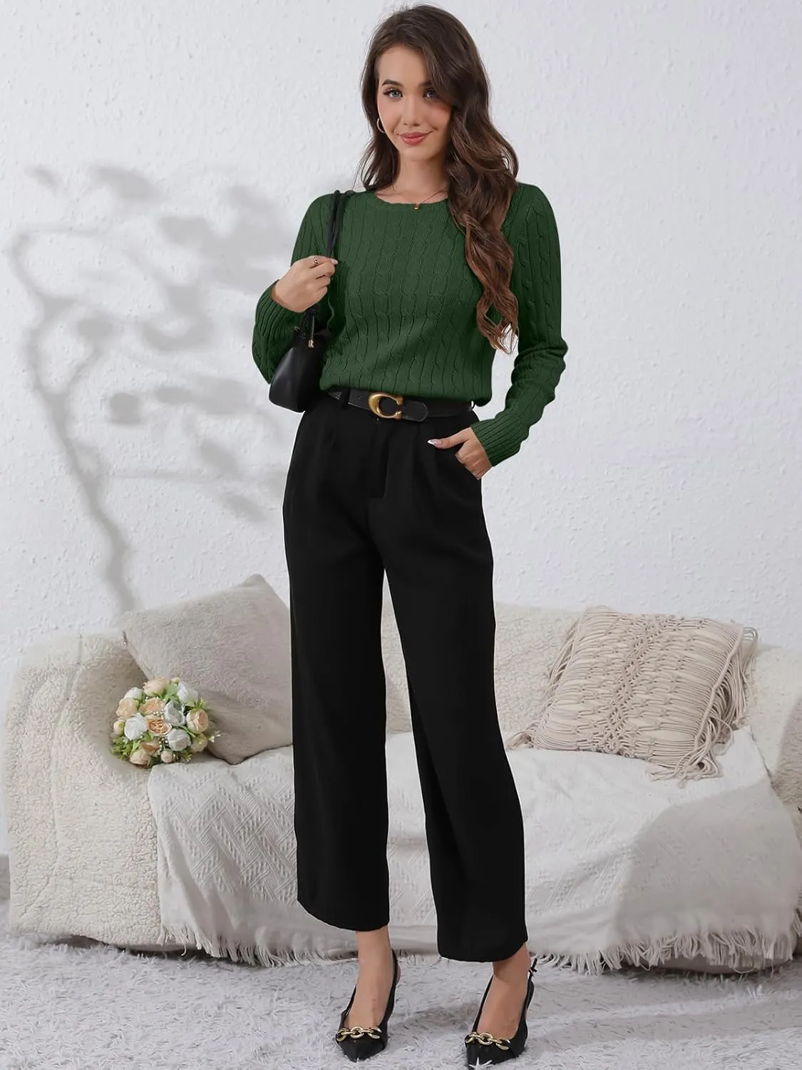 Womens Long Sleeve Cable Knit Sweater Jumper Crewneck Pullover Soft Dressy Casual Cute Tops