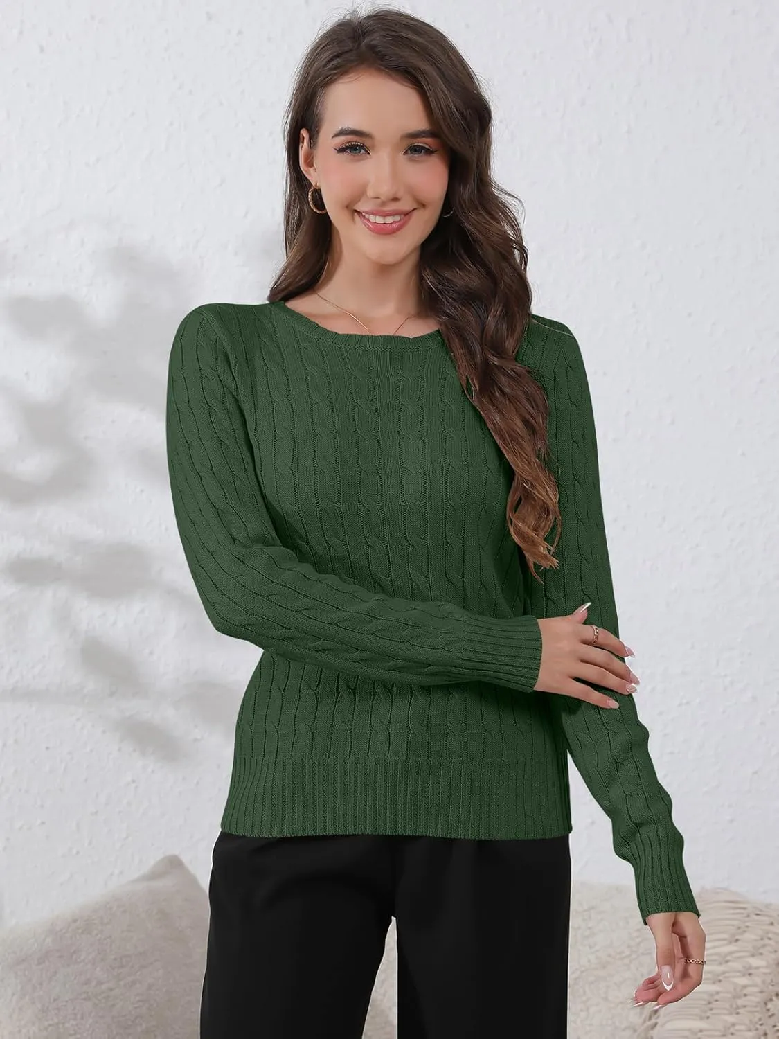 Womens Long Sleeve Cable Knit Sweater Jumper Crewneck Pullover Soft Dressy Casual Cute Tops