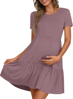 Women's Maternity Summer Short Sleeve Dresses Ruffle Tiered Swing Loose Fit Pregnancy Dress