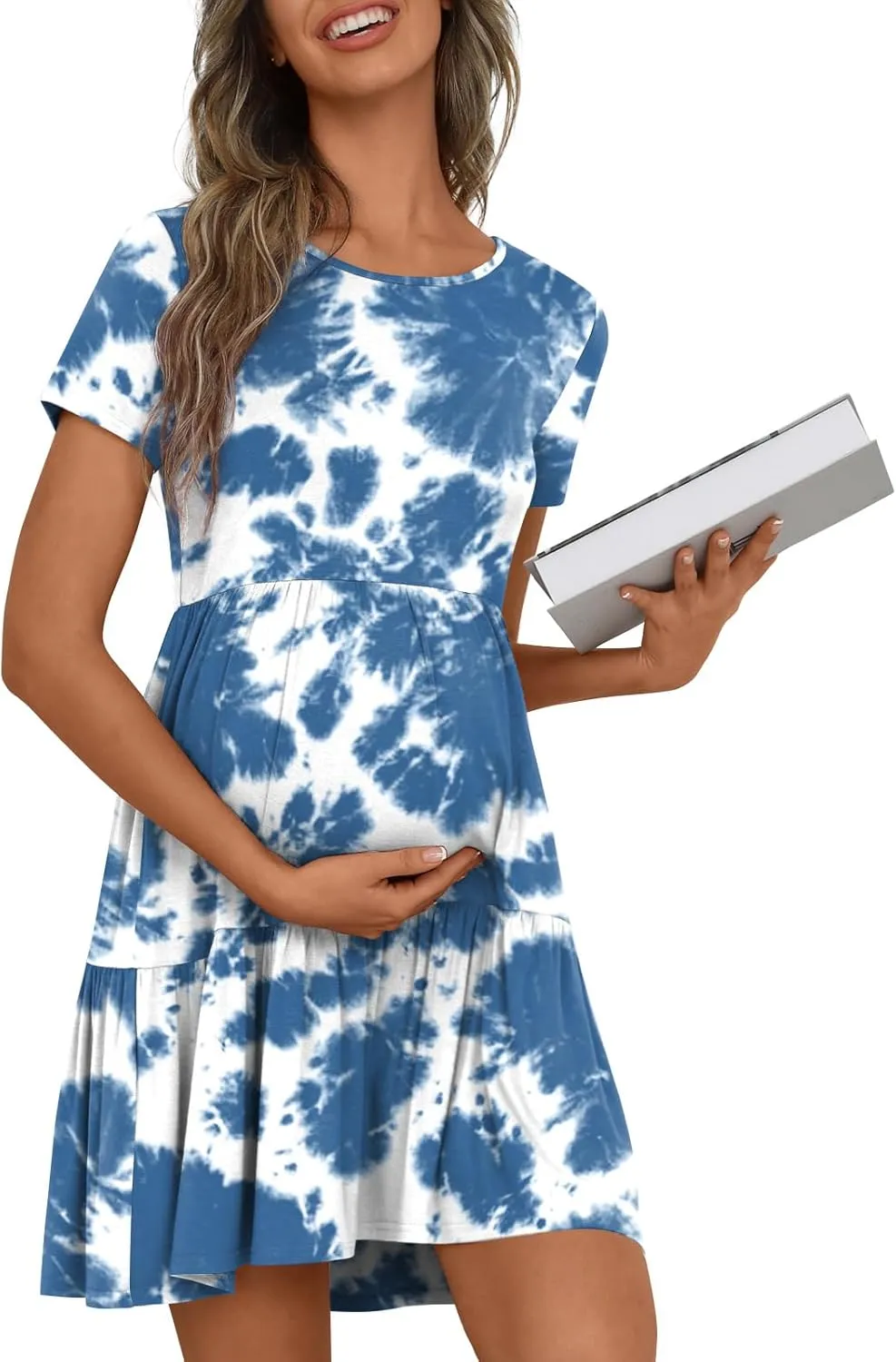 Women's Maternity Summer Short Sleeve Dresses Ruffle Tiered Swing Loose Fit Pregnancy Dress