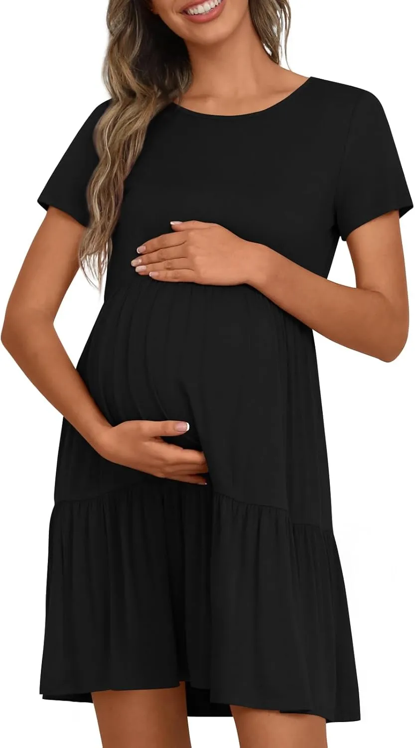 Women's Maternity Summer Short Sleeve Dresses Ruffle Tiered Swing Loose Fit Pregnancy Dress
