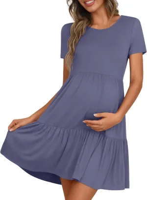Women's Maternity Summer Short Sleeve Dresses Ruffle Tiered Swing Loose Fit Pregnancy Dress