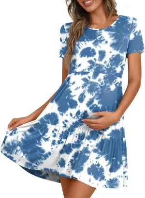 Women's Maternity Summer Short Sleeve Dresses Ruffle Tiered Swing Loose Fit Pregnancy Dress