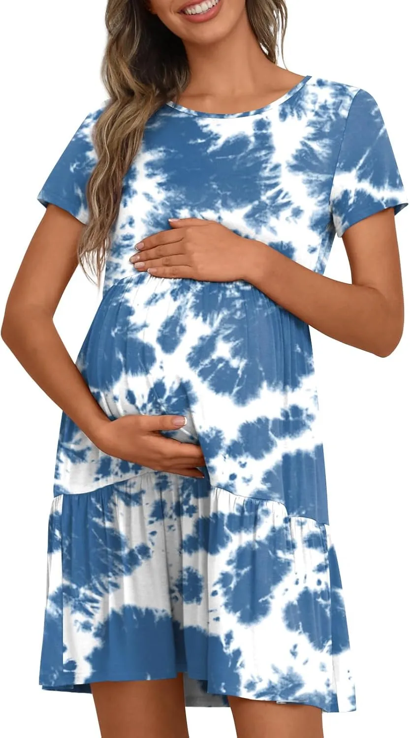 Women's Maternity Summer Short Sleeve Dresses Ruffle Tiered Swing Loose Fit Pregnancy Dress