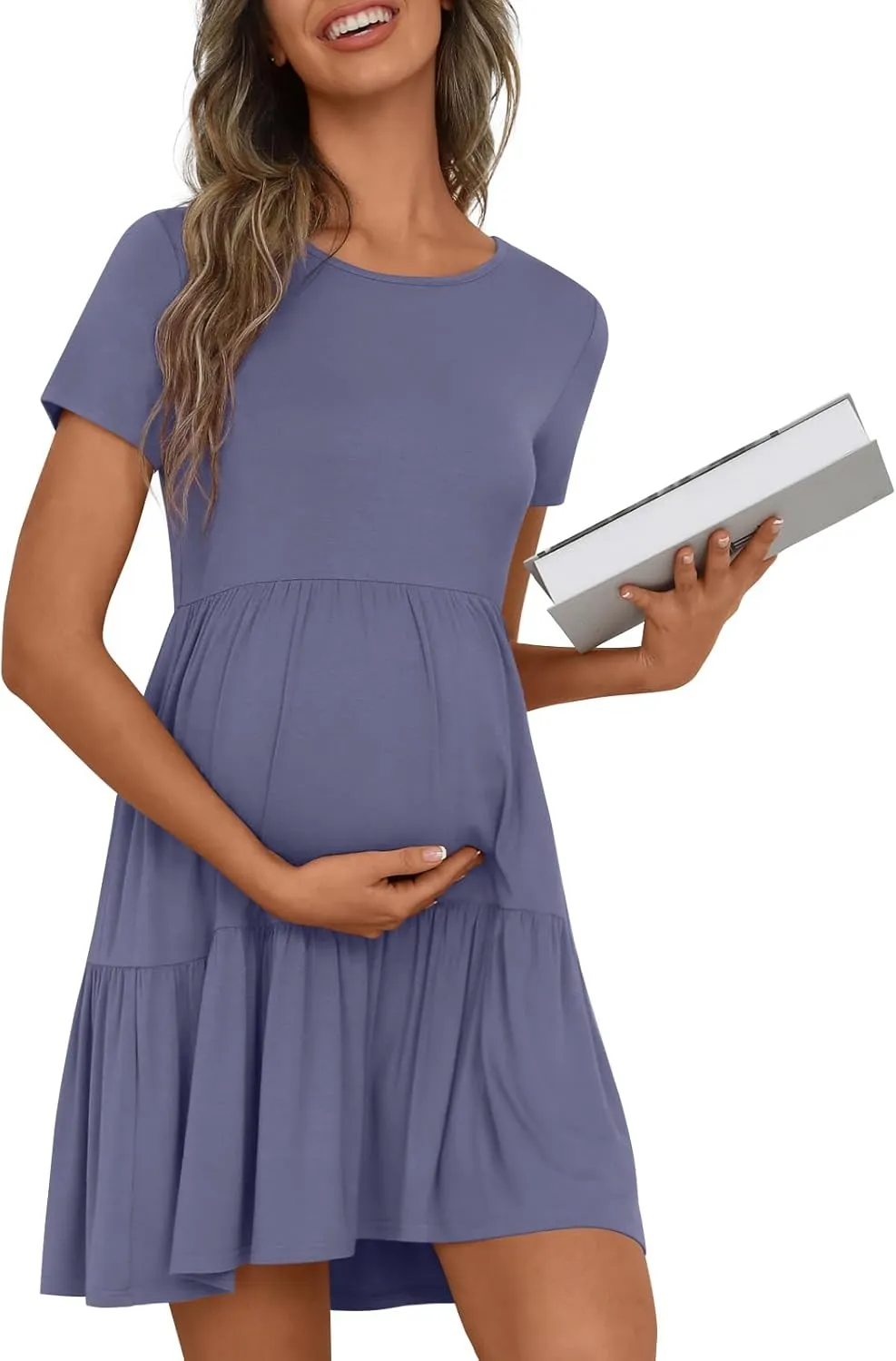 Women's Maternity Summer Short Sleeve Dresses Ruffle Tiered Swing Loose Fit Pregnancy Dress