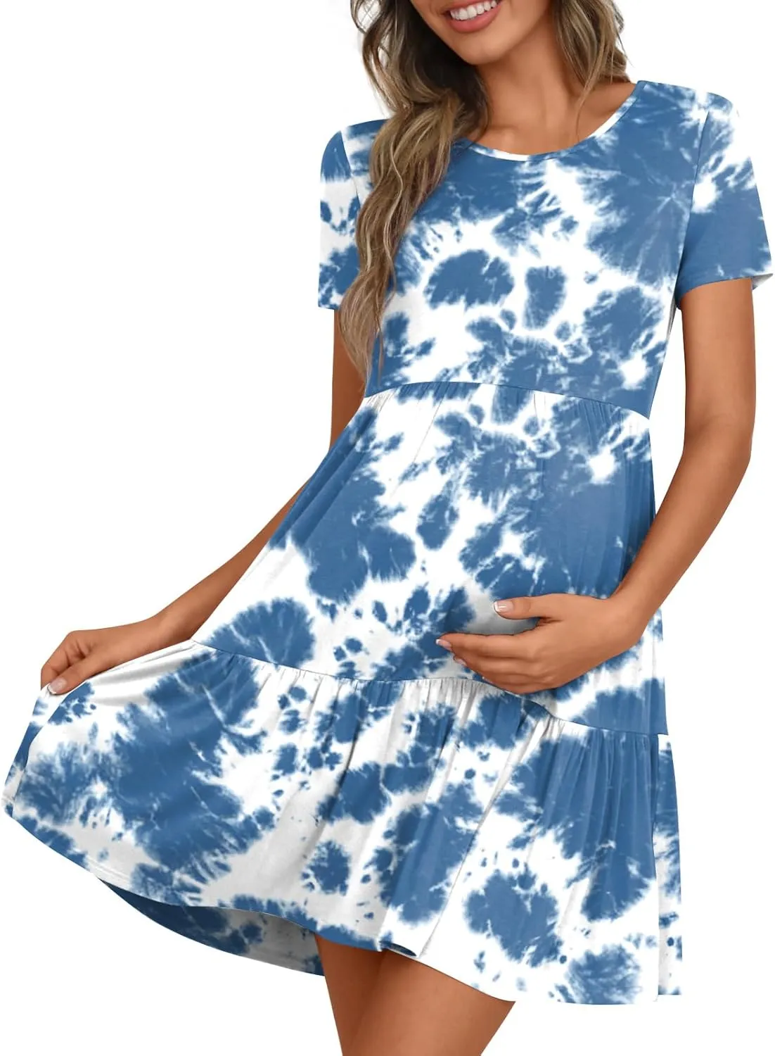 Women's Maternity Summer Short Sleeve Dresses Ruffle Tiered Swing Loose Fit Pregnancy Dress