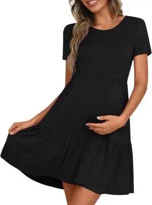 Women's Maternity Summer Short Sleeve Dresses Ruffle Tiered Swing Loose Fit Pregnancy Dress