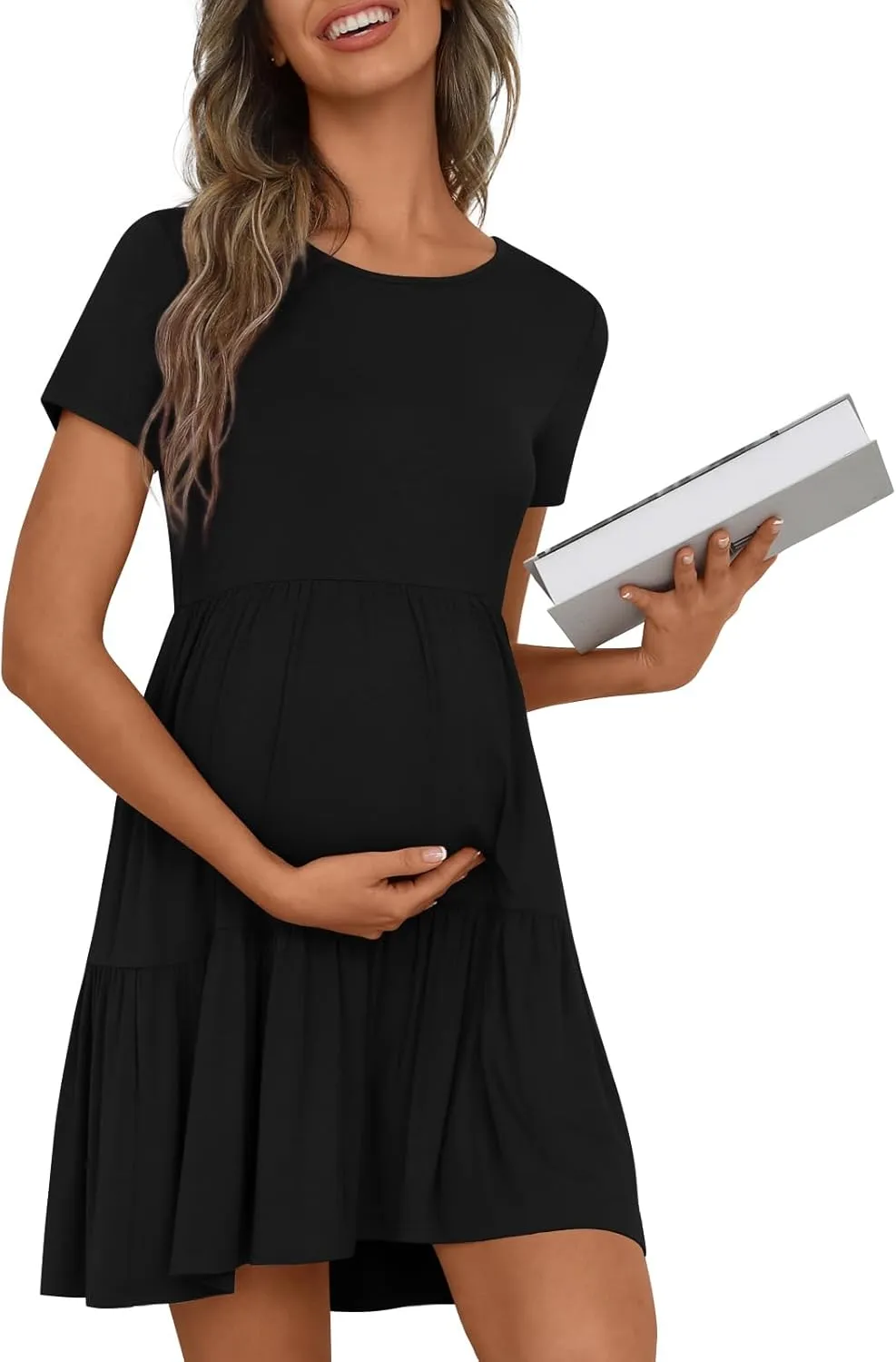 Women's Maternity Summer Short Sleeve Dresses Ruffle Tiered Swing Loose Fit Pregnancy Dress