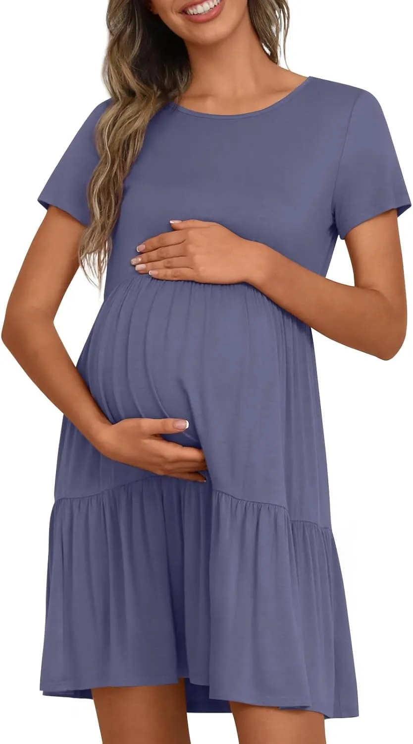 Women's Maternity Summer Short Sleeve Dresses Ruffle Tiered Swing Loose Fit Pregnancy Dress