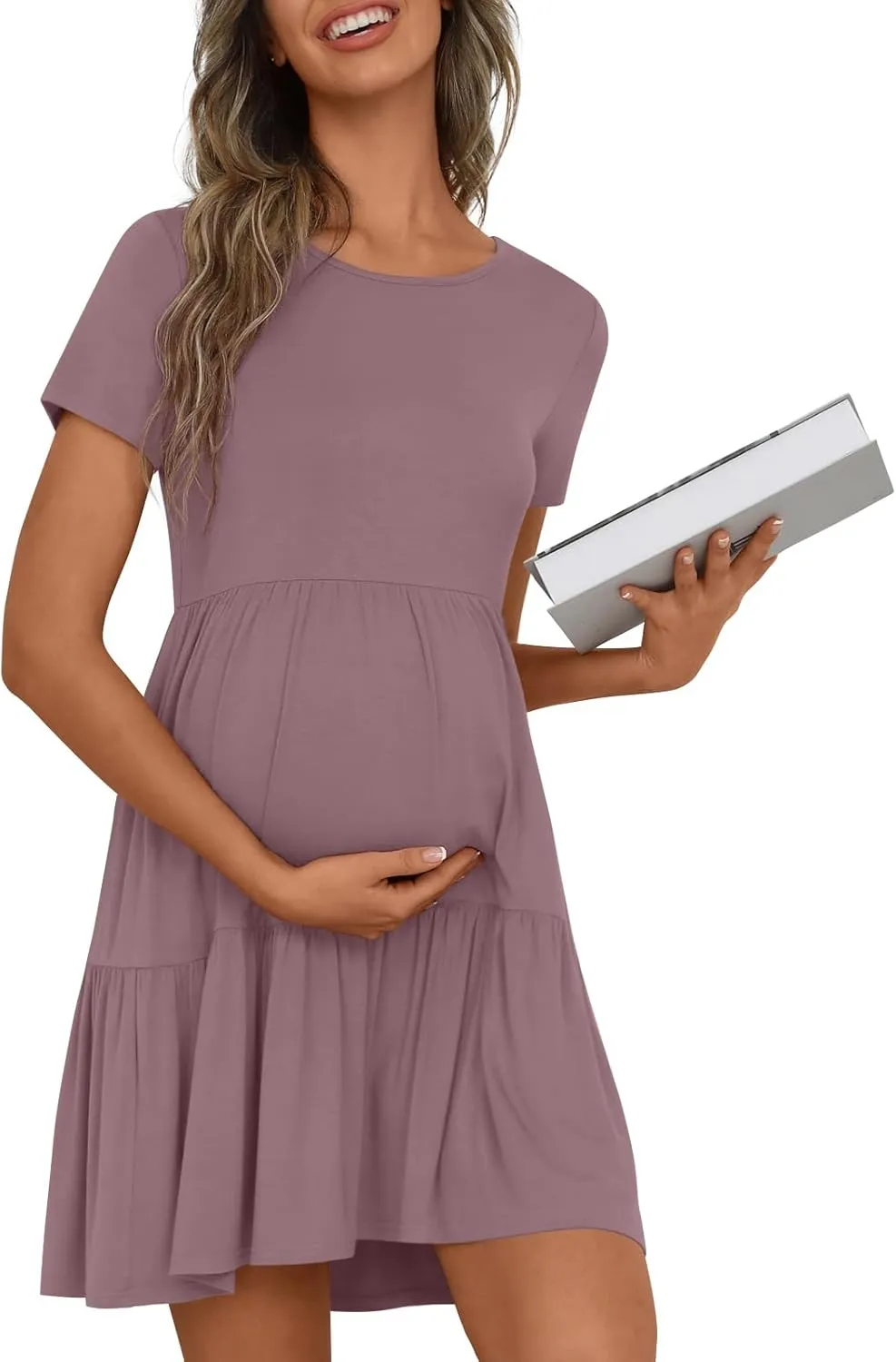 Women's Maternity Summer Short Sleeve Dresses Ruffle Tiered Swing Loose Fit Pregnancy Dress