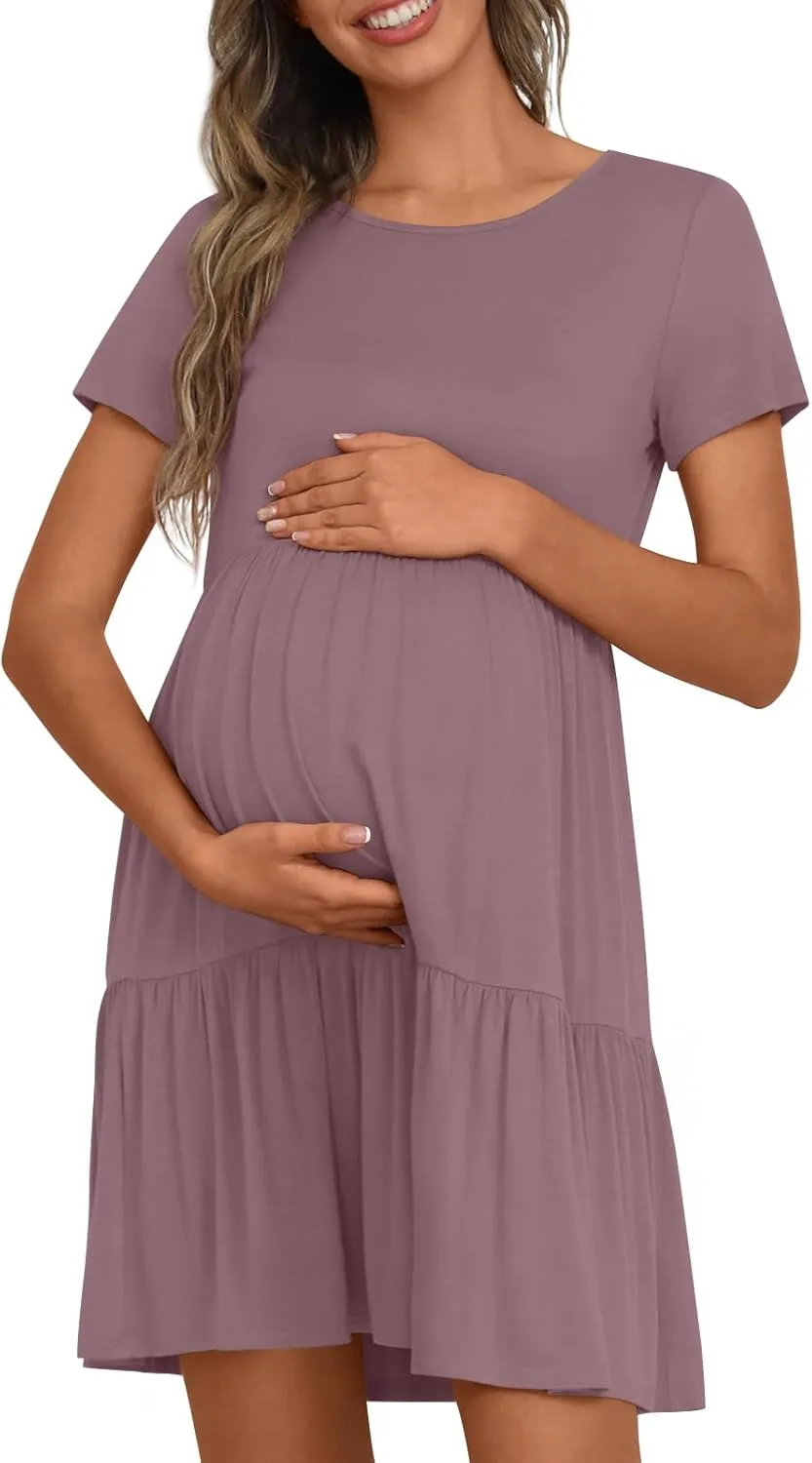 Women's Maternity Summer Short Sleeve Dresses Ruffle Tiered Swing Loose Fit Pregnancy Dress