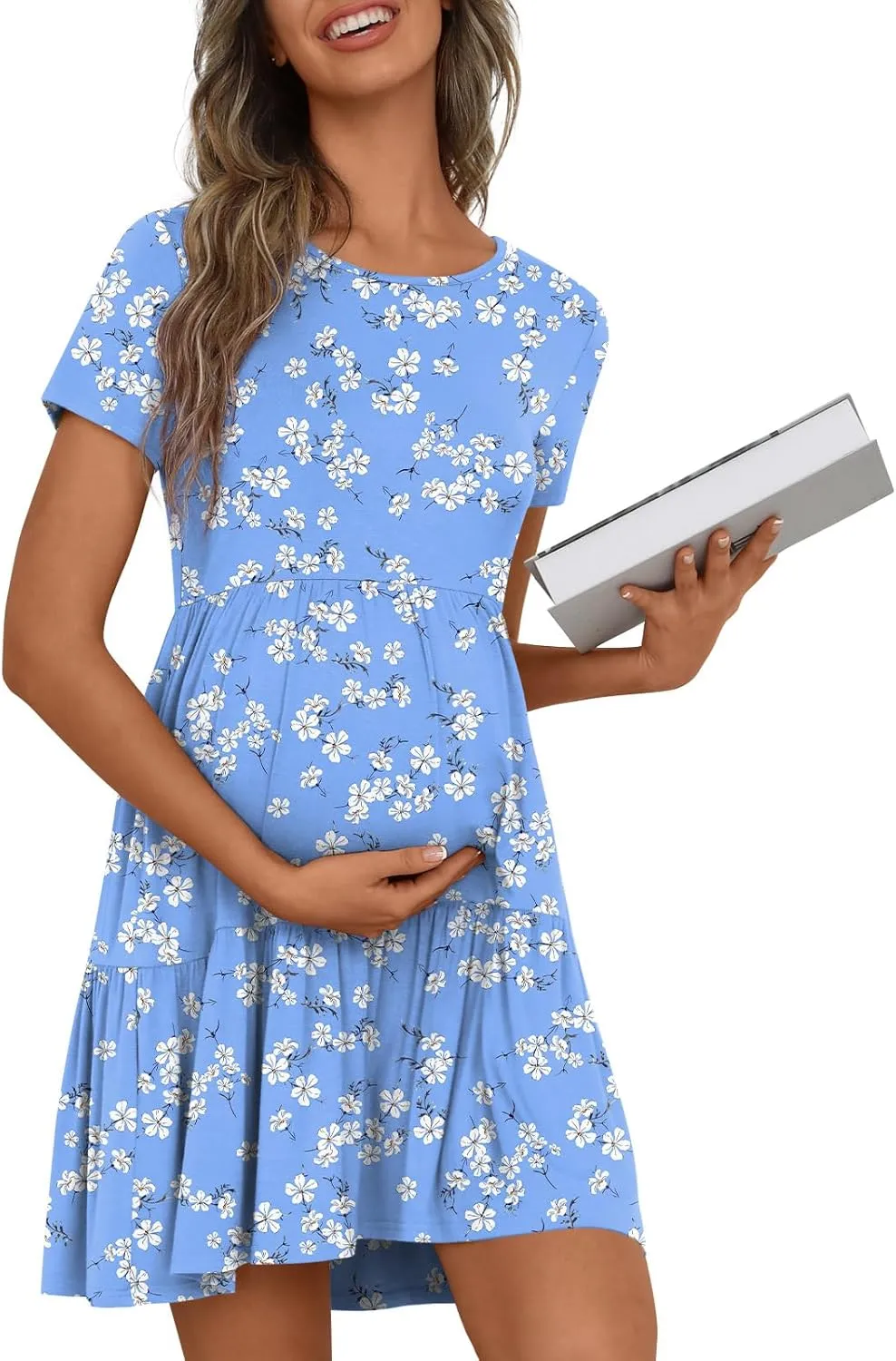 Women's Maternity Summer Short Sleeve Dresses Ruffle Tiered Swing Loose Fit Pregnancy Dress