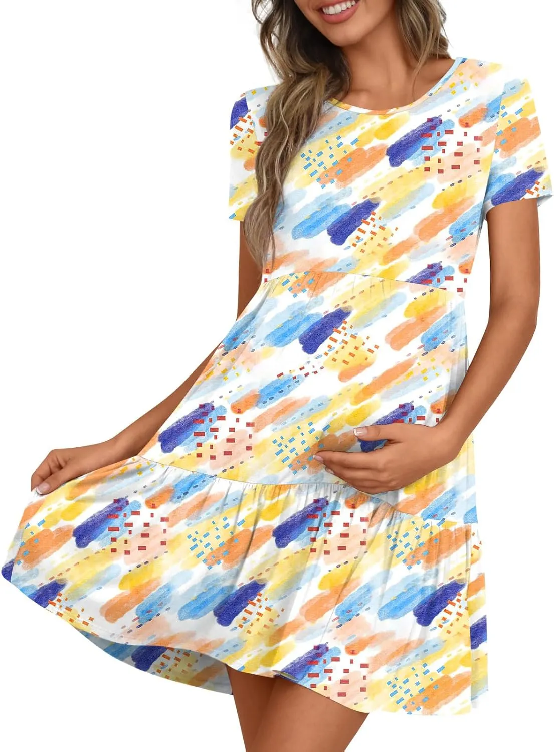 Women's Maternity Summer Short Sleeve Dresses Ruffle Tiered Swing Loose Fit Pregnancy Dress