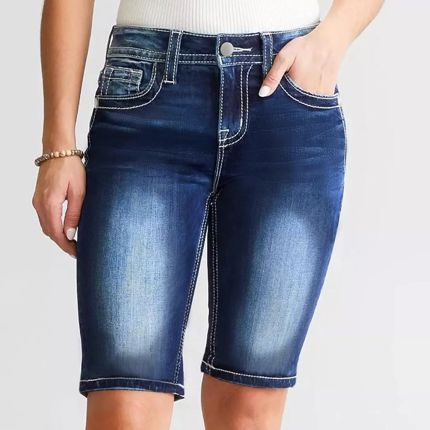 Women's Mid-Rise Denim Shorts,High-Waisted Stretch Fashion Hole Bottom Denim Pants,Comfortable Summer
