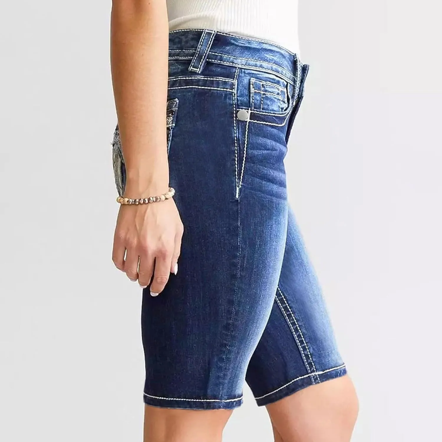 Women's Mid-Rise Denim Shorts,High-Waisted Stretch Fashion Hole Bottom Denim Pants,Comfortable Summer