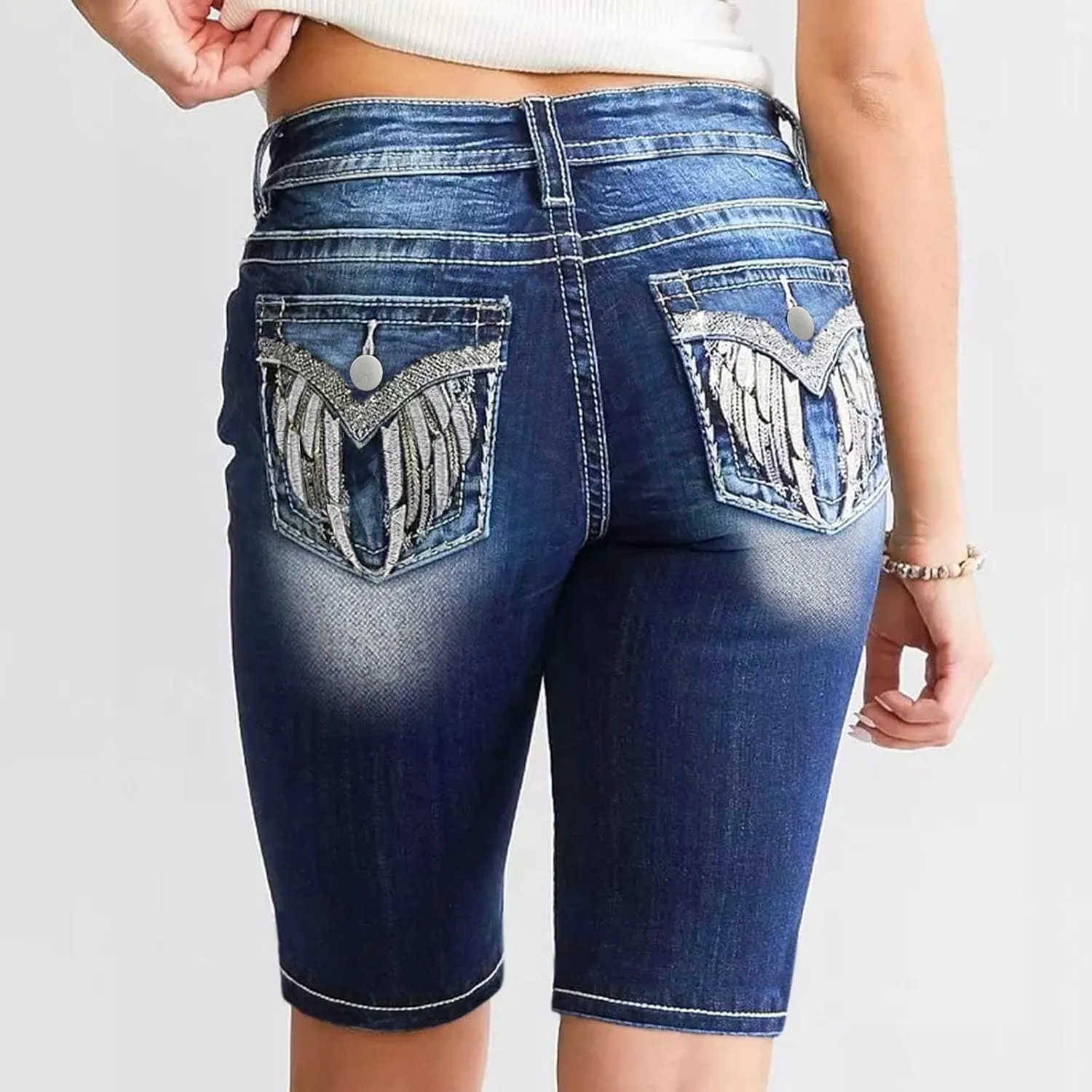 Women's Mid-Rise Denim Shorts,High-Waisted Stretch Fashion Hole Bottom Denim Pants,Comfortable Summer