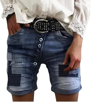 Women's Mid-Waist Patchwork Short Jeans Sexy Curved Frayed Hem Color Block Denim Shorts Vintage Summer Jean Shorts