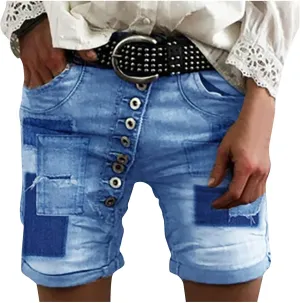 Women's Mid-Waist Patchwork Short Jeans Sexy Curved Frayed Hem Color Block Denim Shorts Vintage Summer Jean Shorts
