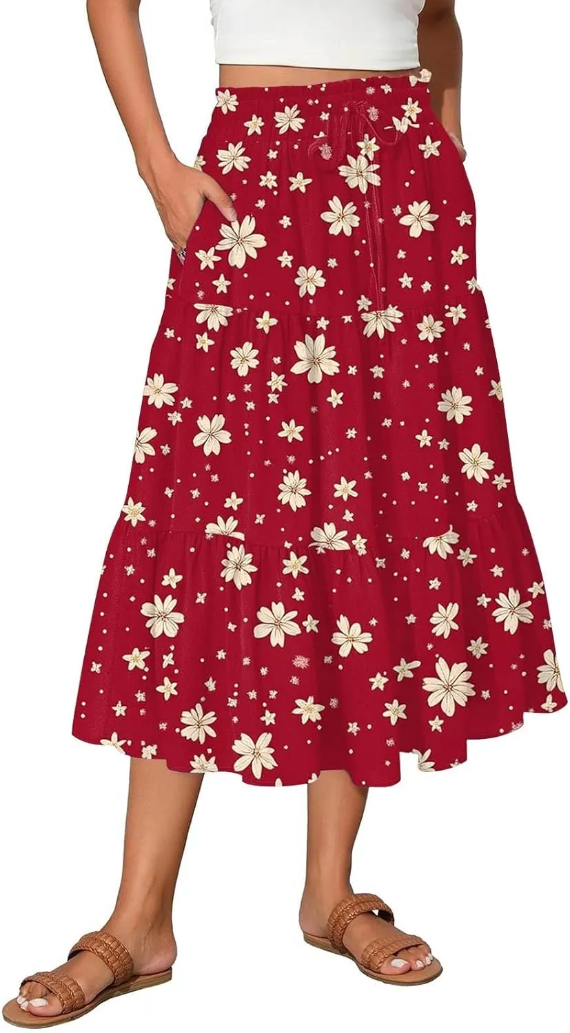 Women's Midi Boho Floral Tiered Skirts Trendy Drawstring High Elastic Waist Comfy Flowy A Line Skirt Skorts with Pockets