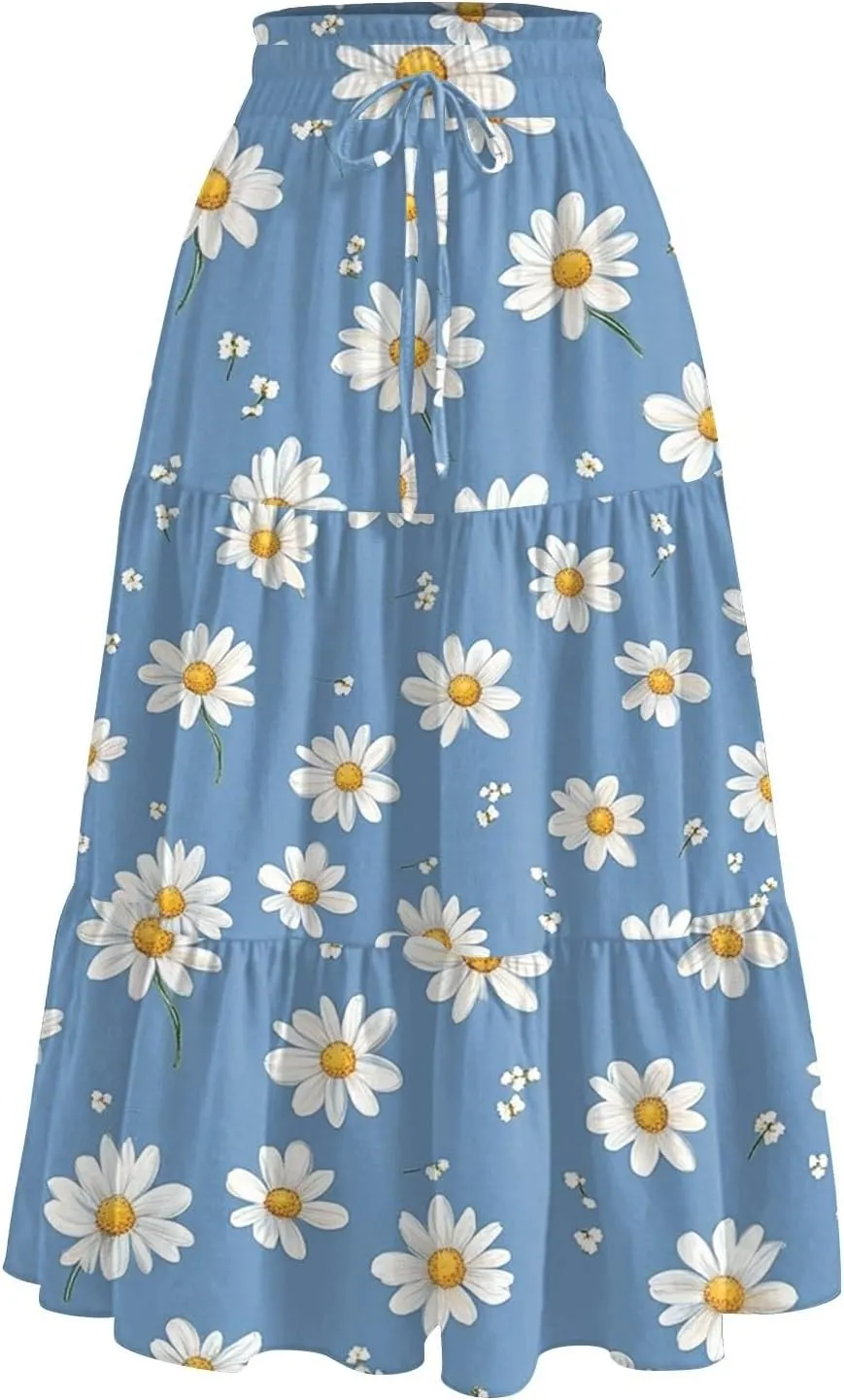 Women's Midi Boho Floral Tiered Skirts Trendy Drawstring High Elastic Waist Comfy Flowy A Line Skirt Skorts with Pockets