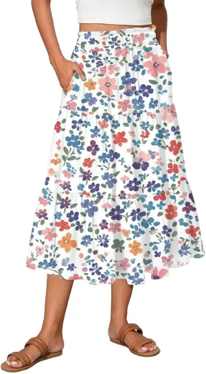 Women's Midi Boho Floral Tiered Skirts Trendy Drawstring High Elastic Waist Comfy Flowy A Line Skirt Skorts with Pockets