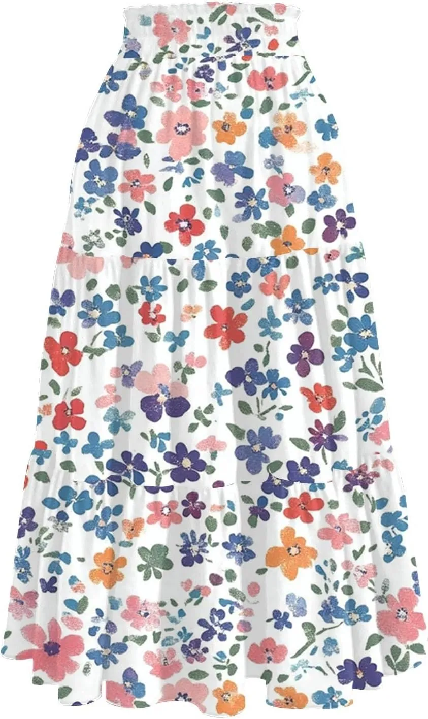 Women's Midi Boho Floral Tiered Skirts Trendy Drawstring High Elastic Waist Comfy Flowy A Line Skirt Skorts with Pockets