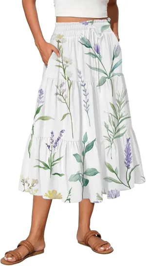 Women's Midi Boho Floral Tiered Skirts Trendy Drawstring High Elastic Waist Comfy Flowy A Line Skirt Skorts with Pockets