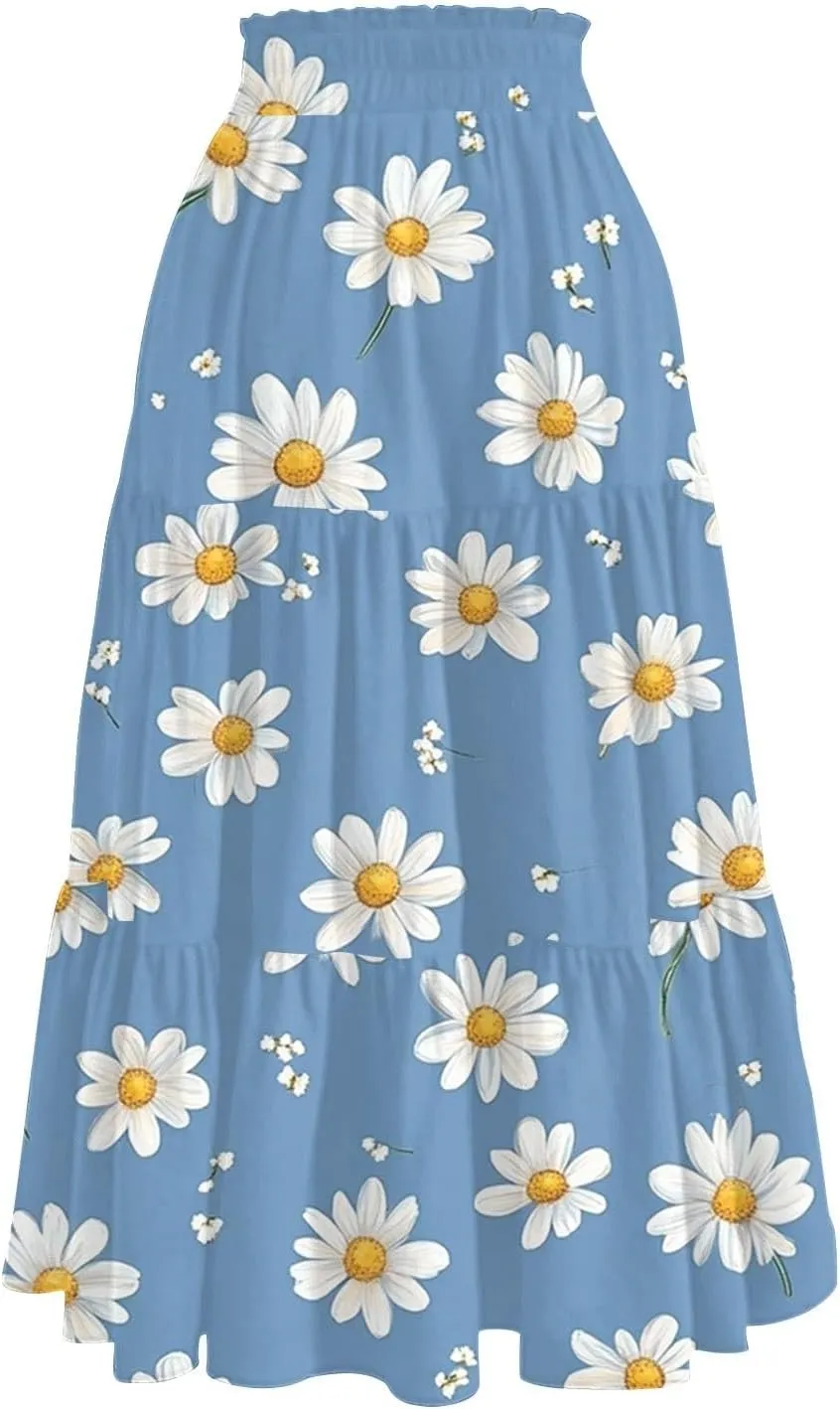 Women's Midi Boho Floral Tiered Skirts Trendy Drawstring High Elastic Waist Comfy Flowy A Line Skirt Skorts with Pockets