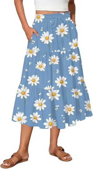 Women's Midi Boho Floral Tiered Skirts Trendy Drawstring High Elastic Waist Comfy Flowy A Line Skirt Skorts with Pockets