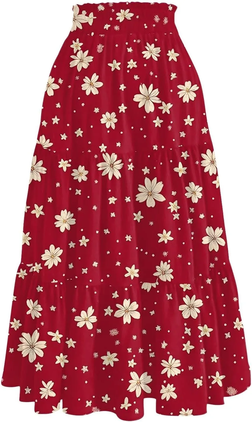 Women's Midi Boho Floral Tiered Skirts Trendy Drawstring High Elastic Waist Comfy Flowy A Line Skirt Skorts with Pockets