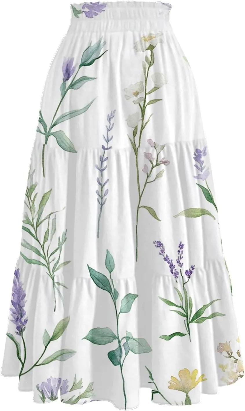 Women's Midi Boho Floral Tiered Skirts Trendy Drawstring High Elastic Waist Comfy Flowy A Line Skirt Skorts with Pockets