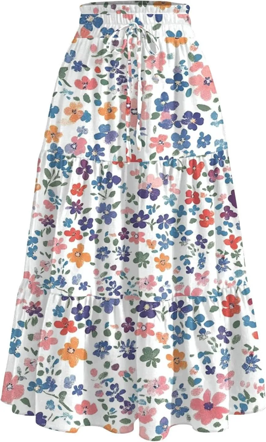 Women's Midi Boho Floral Tiered Skirts Trendy Drawstring High Elastic Waist Comfy Flowy A Line Skirt Skorts with Pockets