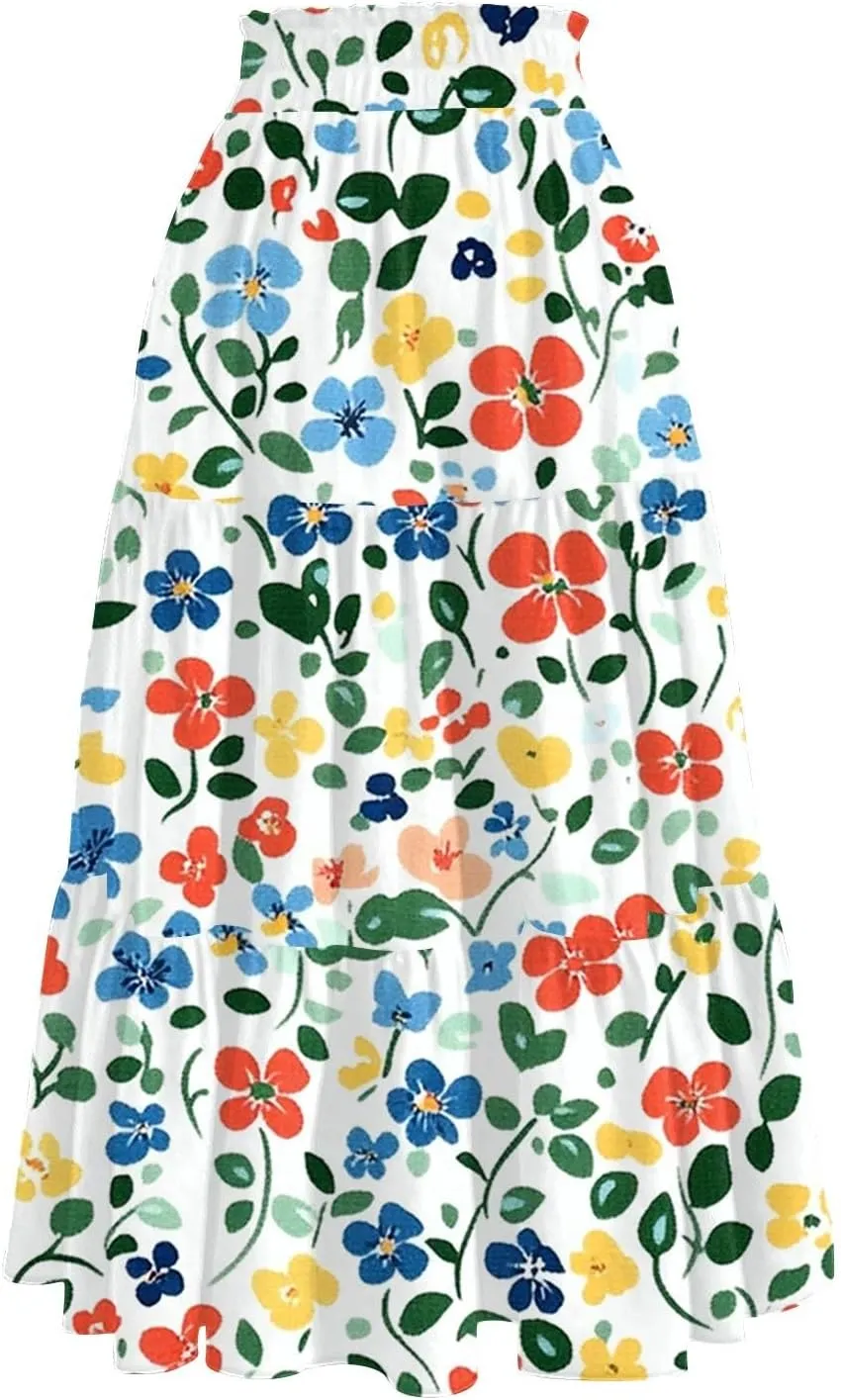 Women's Midi Boho Floral Tiered Skirts Trendy Drawstring High Elastic Waist Comfy Flowy A Line Skirt Skorts with Pockets
