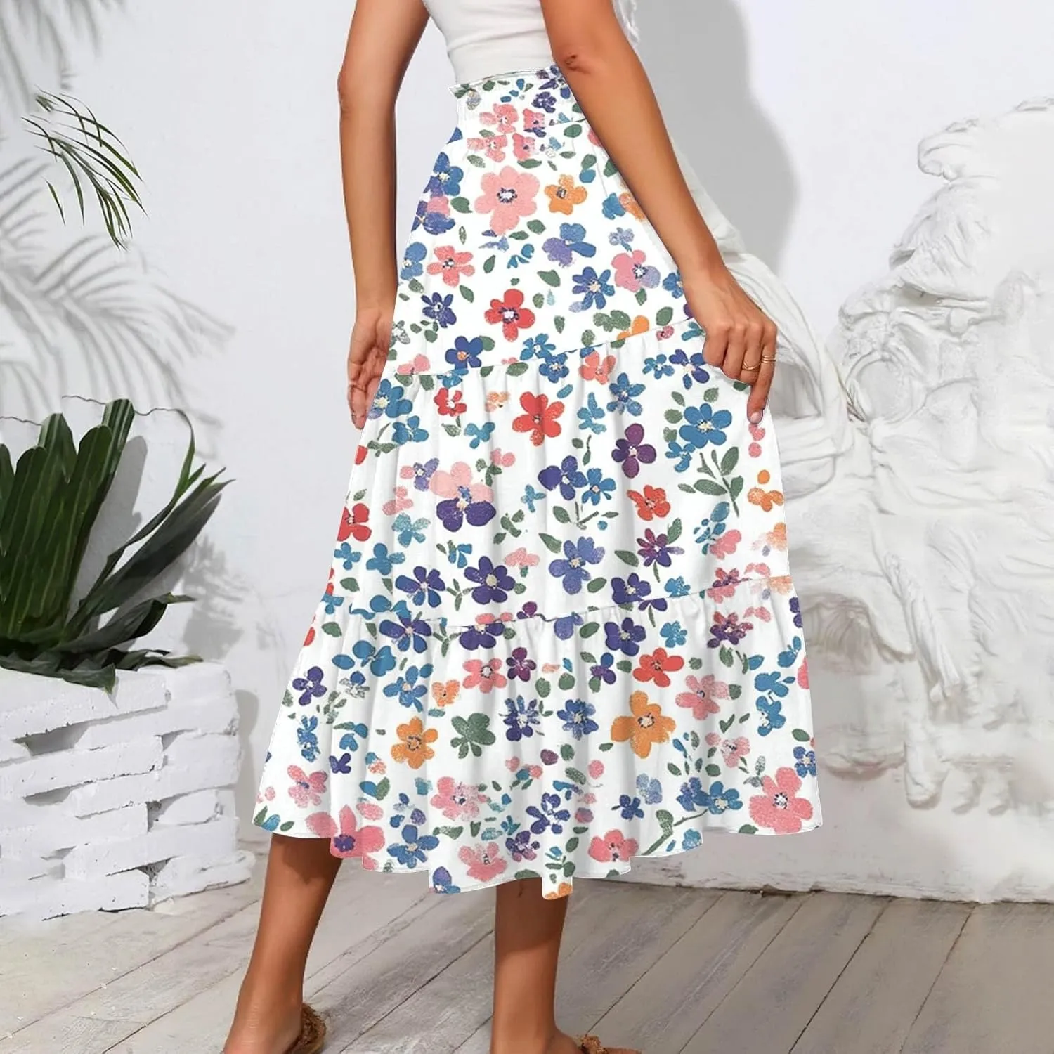 Women's Midi Boho Floral Tiered Skirts Trendy Drawstring High Elastic Waist Comfy Flowy A Line Skirt Skorts with Pockets
