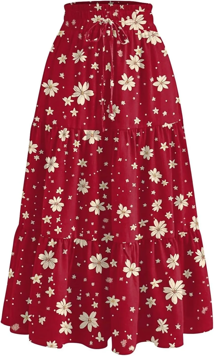 Women's Midi Boho Floral Tiered Skirts Trendy Drawstring High Elastic Waist Comfy Flowy A Line Skirt Skorts with Pockets