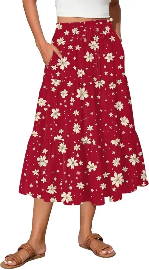 Women's Midi Boho Floral Tiered Skirts Trendy Drawstring High Elastic Waist Comfy Flowy A Line Skirt Skorts with Pockets