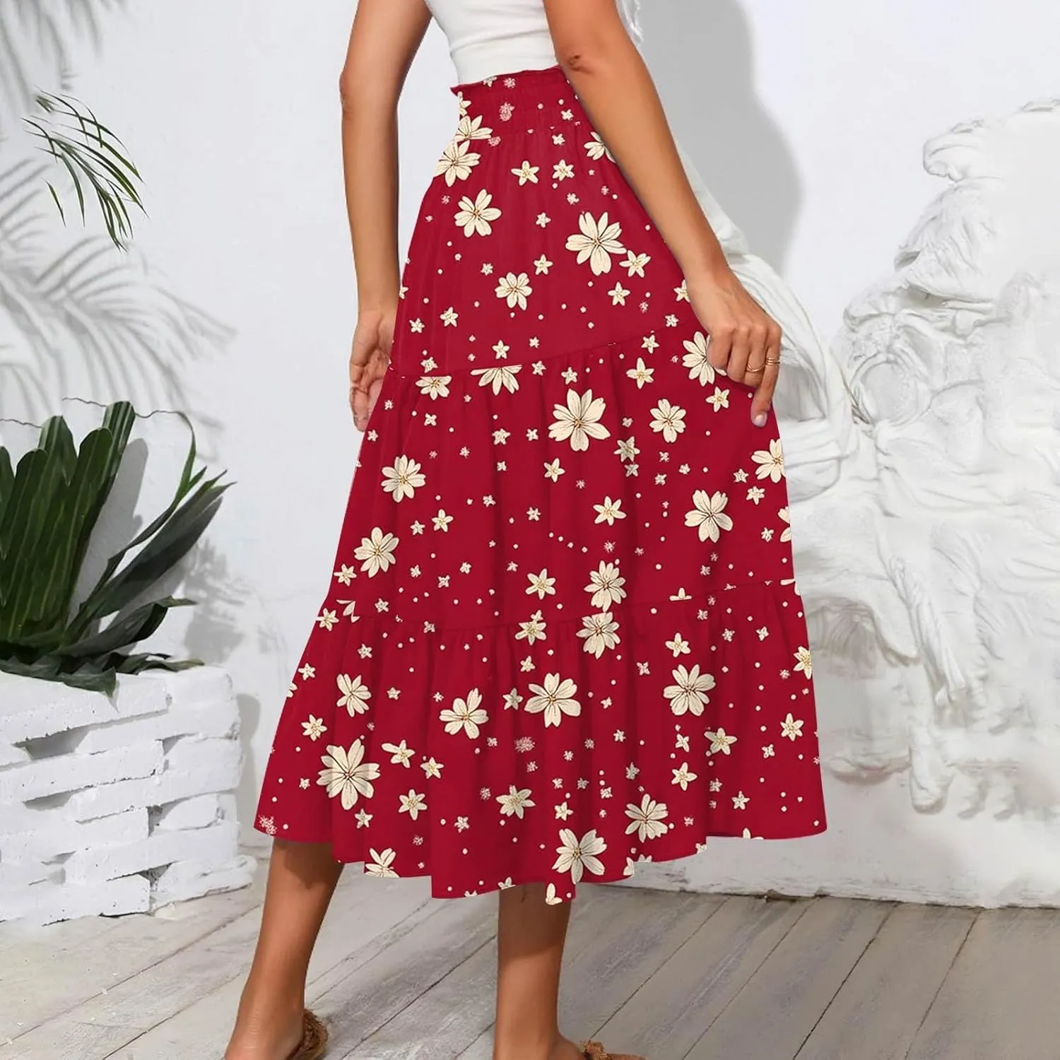Women's Midi Boho Floral Tiered Skirts Trendy Drawstring High Elastic Waist Comfy Flowy A Line Skirt Skorts with Pockets
