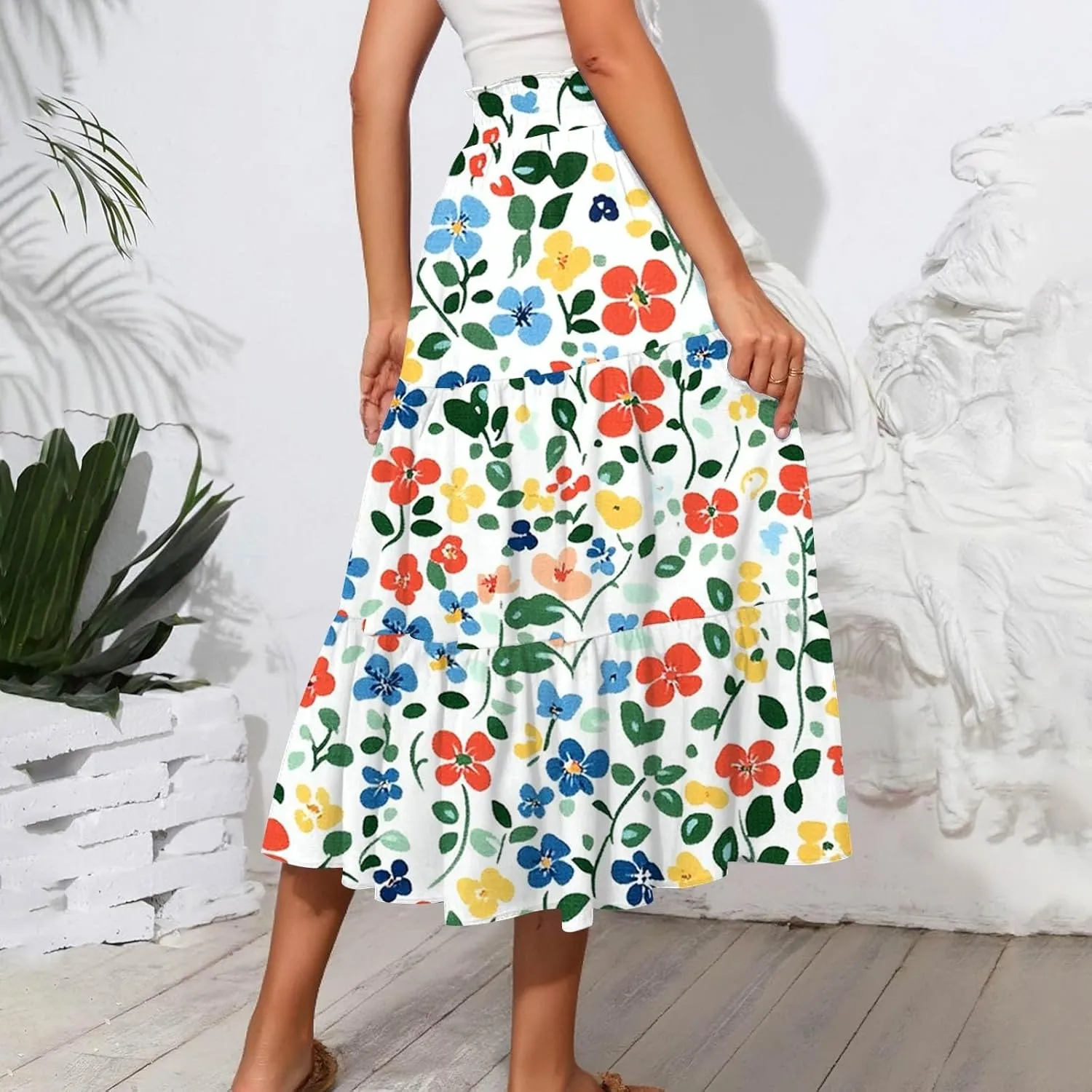 Women's Midi Boho Floral Tiered Skirts Trendy Drawstring High Elastic Waist Comfy Flowy A Line Skirt Skorts with Pockets