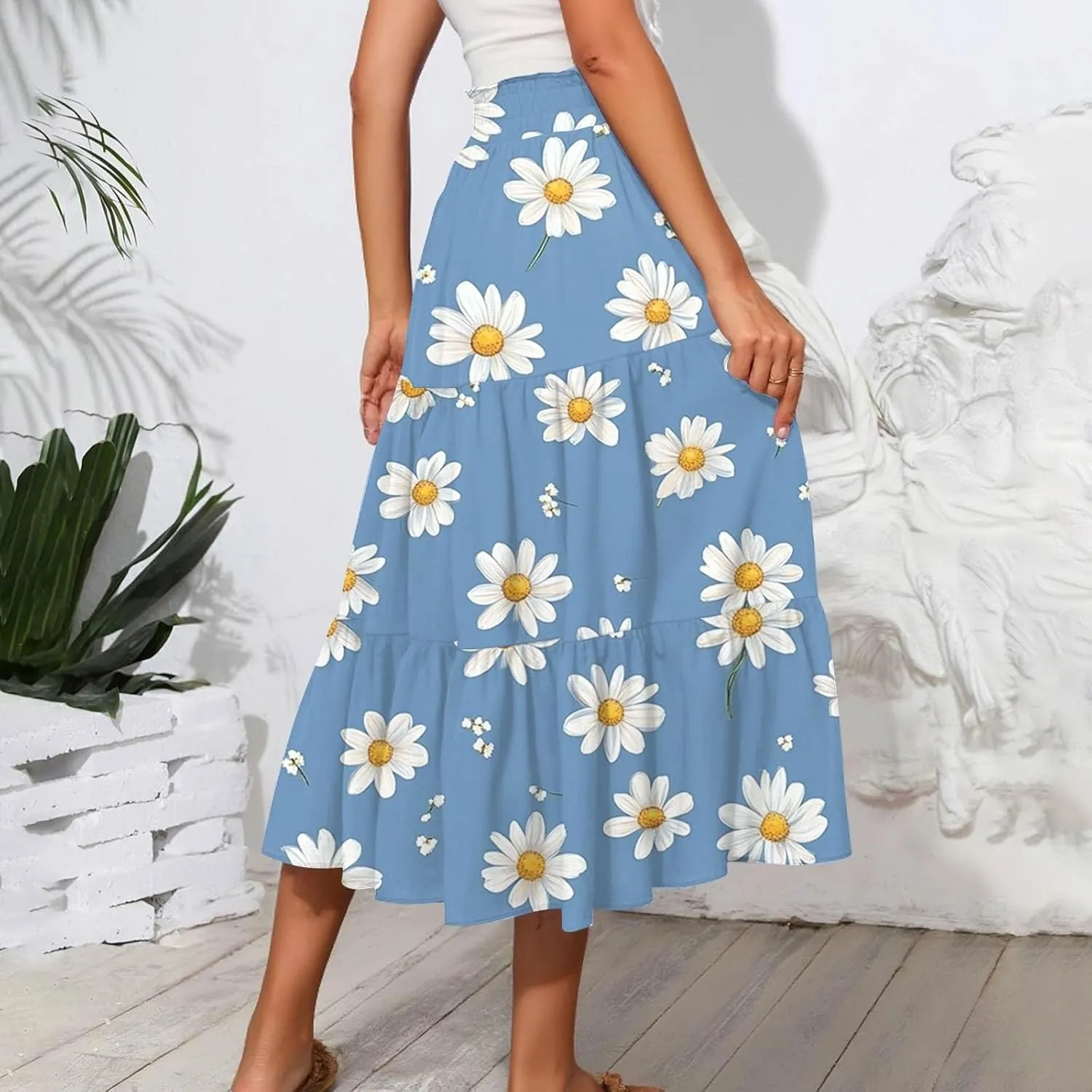 Women's Midi Boho Floral Tiered Skirts Trendy Drawstring High Elastic Waist Comfy Flowy A Line Skirt Skorts with Pockets