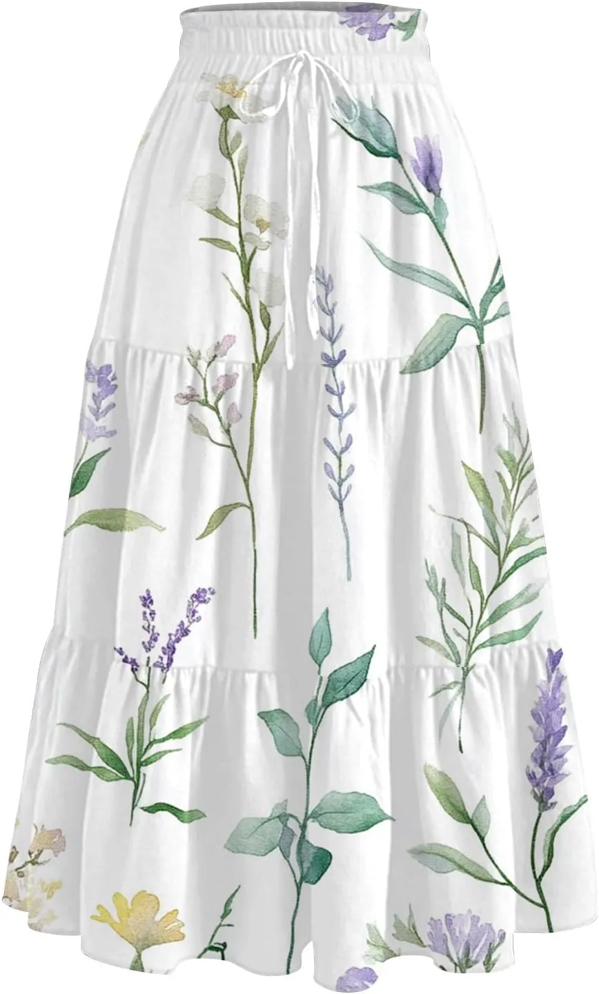Women's Midi Boho Floral Tiered Skirts Trendy Drawstring High Elastic Waist Comfy Flowy A Line Skirt Skorts with Pockets