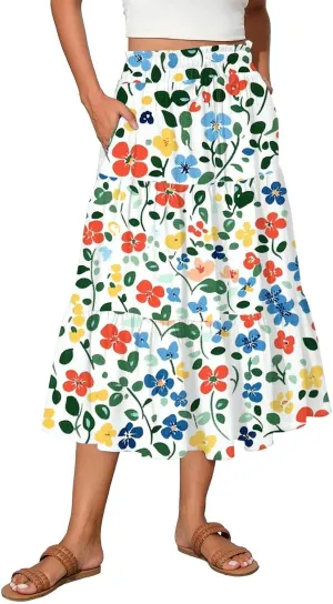 Women's Midi Boho Floral Tiered Skirts Trendy Drawstring High Elastic Waist Comfy Flowy A Line Skirt Skorts with Pockets