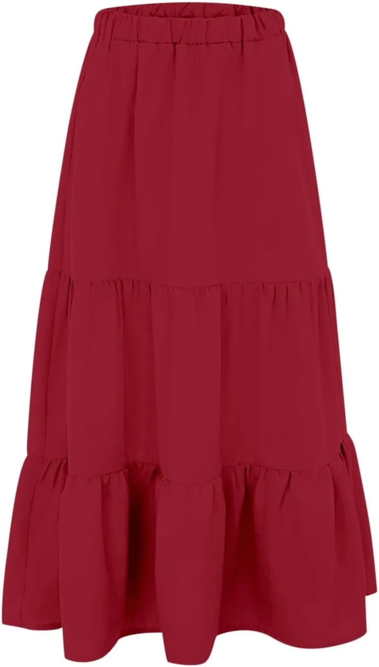 Womens Midi Skirts Summer Casual Flowy A-Line Elastic High Waist Tiered Ruffle Pleated Swing Boho Long Skirt Dress