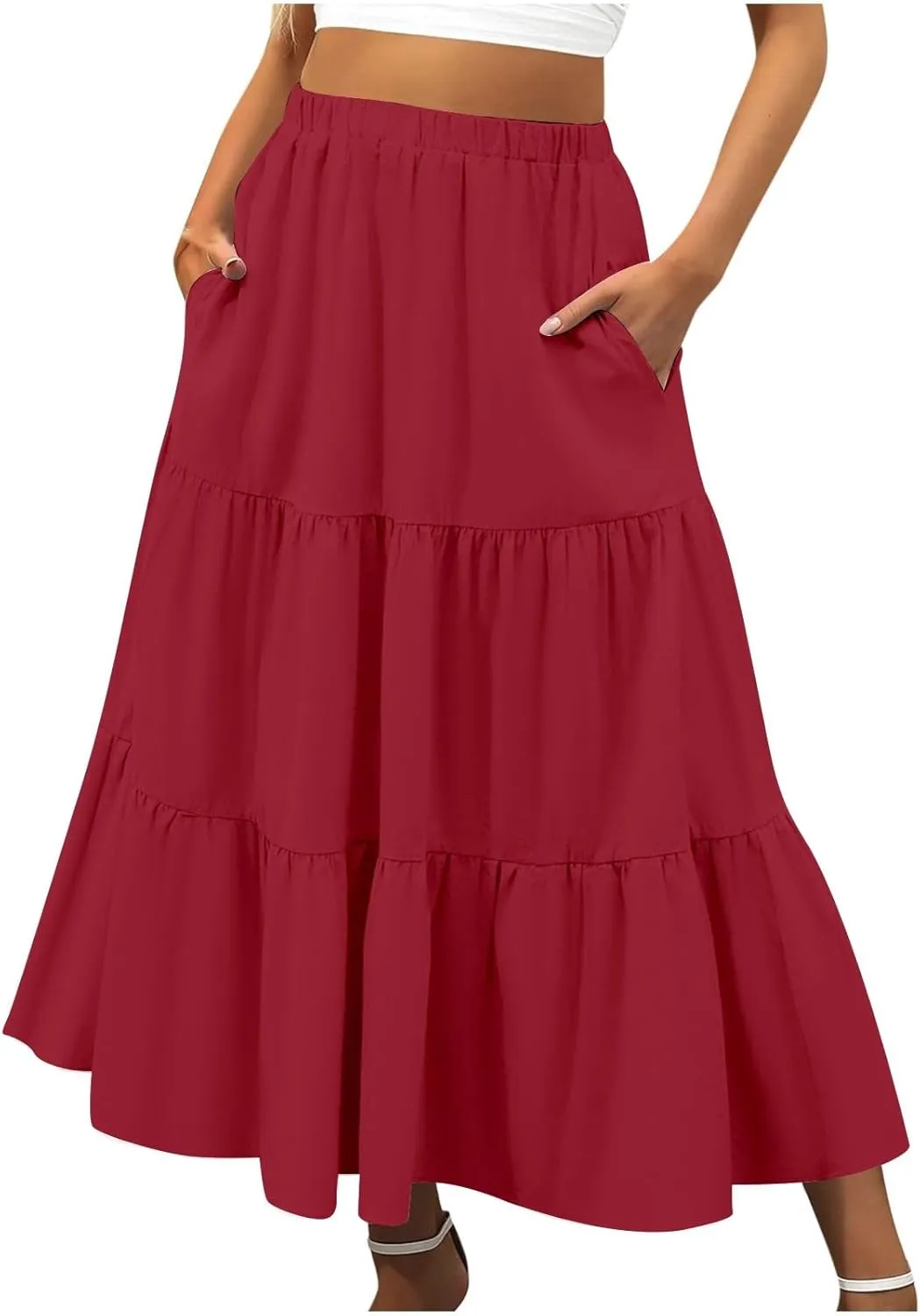 Womens Midi Skirts Summer Casual Flowy A-Line Elastic High Waist Tiered Ruffle Pleated Swing Boho Long Skirt Dress
