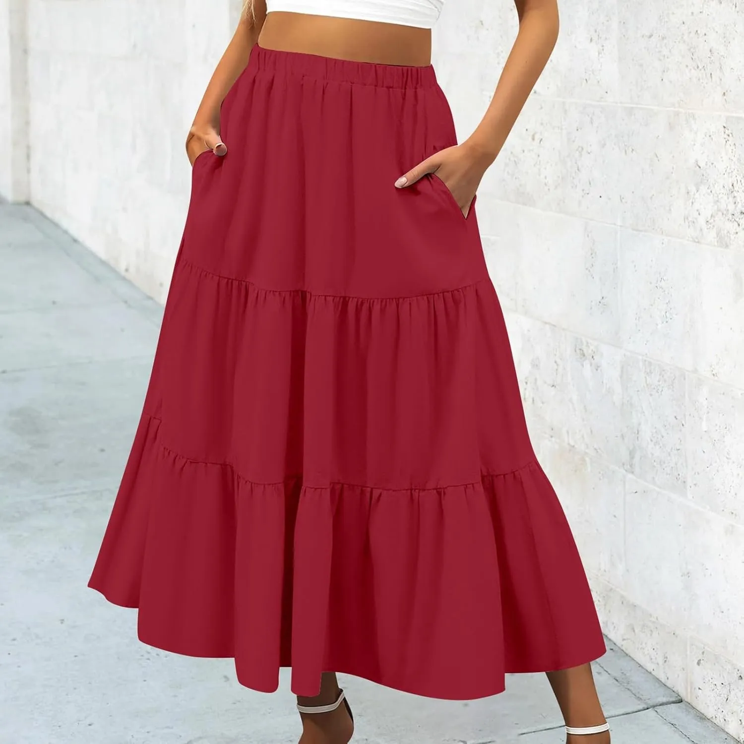Womens Midi Skirts Summer Casual Flowy A-Line Elastic High Waist Tiered Ruffle Pleated Swing Boho Long Skirt Dress