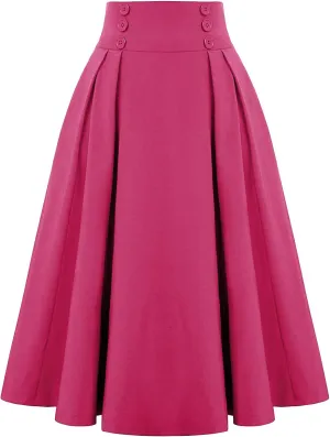 Womens Midi Skirts Vintage High Waist Business Casual Office Wear to Work Pleated A-Line Flared Long Skirt Dresses