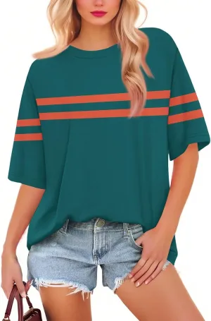 Womens Oversized Striped T Shirts Loose Fit Crewneck Short Sleeve Tops Summer Casual Blouse Y2K 2025 Basic Tee